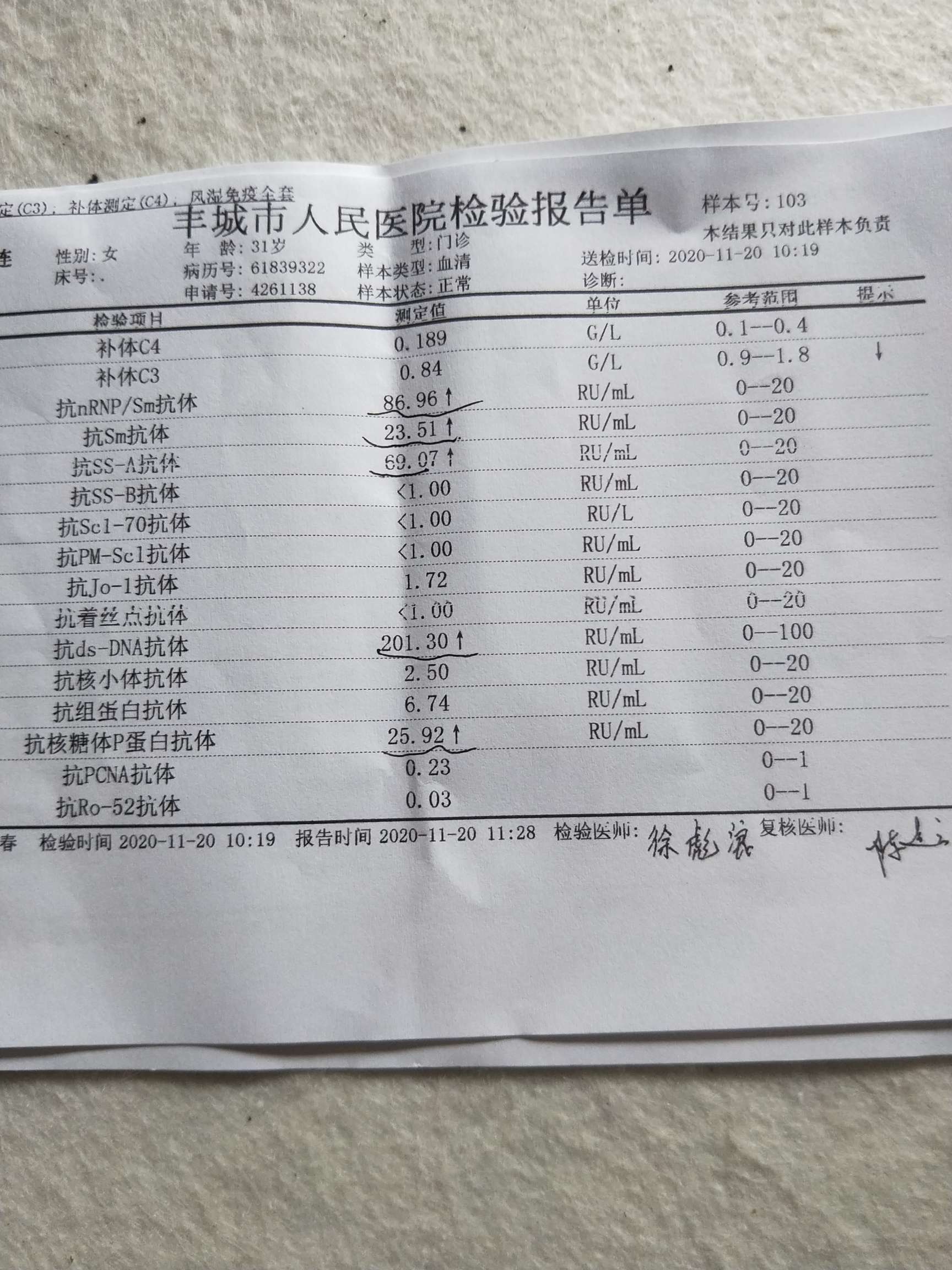 记录:2020年11月19日复查 红斑狼疮肾炎Ⅱ型