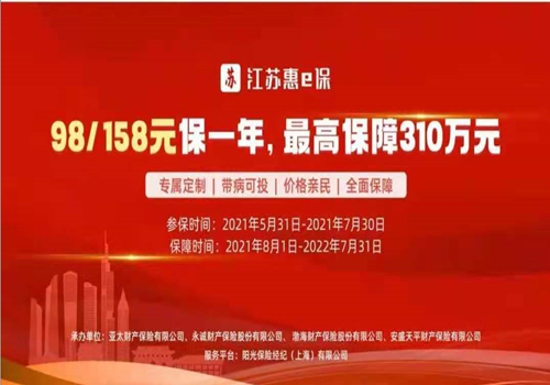 “江苏惠e保”正式开售！98/158元保1年，最高保障310万！办理从速！